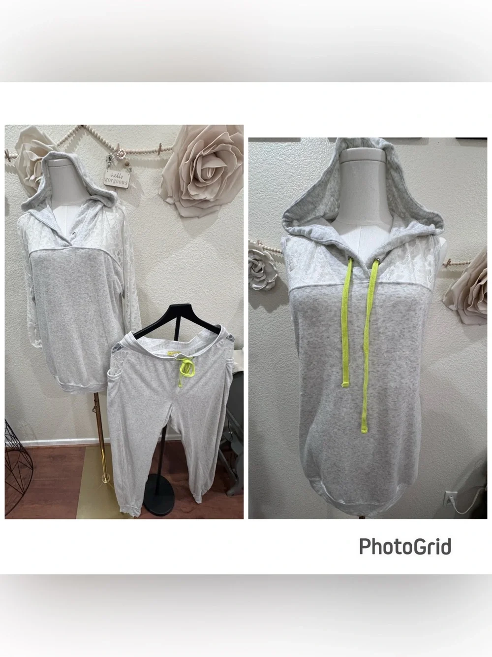 Women's fleur't with ie 3 piece set, Light Gray Hooded Pajama Set with Neon